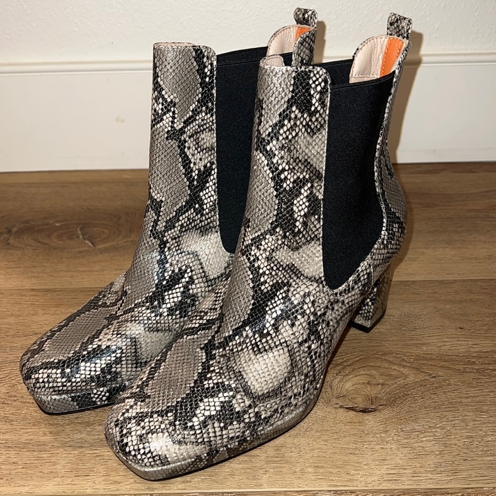 FRENCH CONNECTION Snakeskin Bootie with stretchy panel for easy on and off